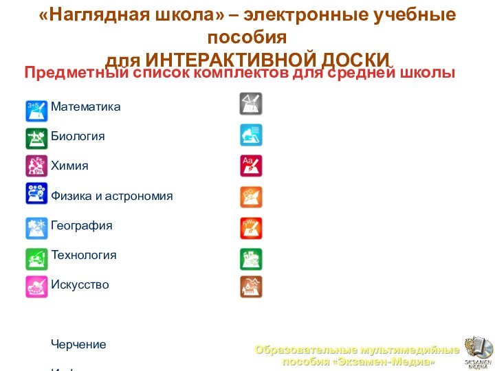 Предметный список комплектов для средней школыМатематикаБиологияХимияФизика и астрономияГеографияТехнологияИскусствоЧерчениеИнформатикаРусский языкЛитератураИностранный языкИсторияОбществознание и экономика«Наглядная