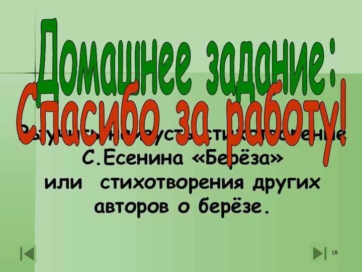 Домашнее задание:Выучить наизусть стихотворение С.Есенина «Берёза»  или стихотворения других авторов о