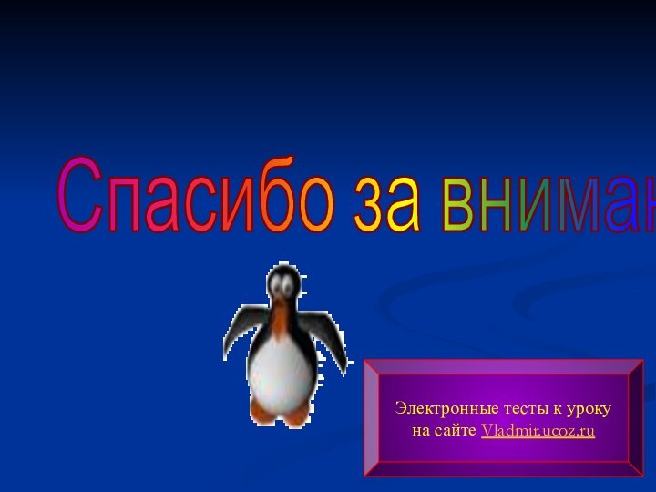 Спасибо за внимание! Электронные тесты к урокуна сайте Vladmir.ucoz.ru