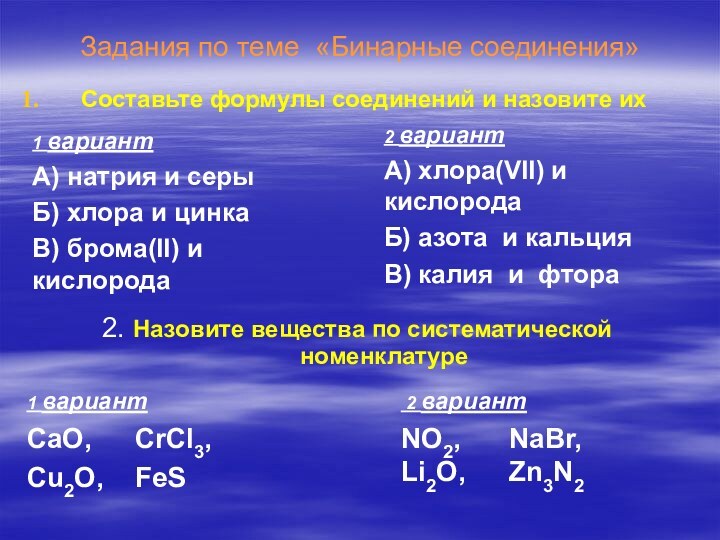 Задания по теме «Бинарные соединения»Составьте формулы соединений и назовите их1 вариантА) натрия