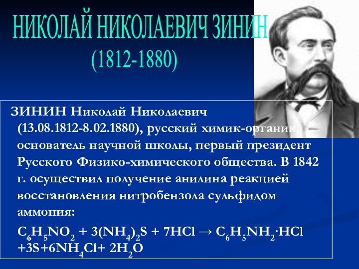 ЗИНИН Николай Николаевич (13.08.1812-8.02.1880), русский химик-органик, основатель научной школы, первый президент