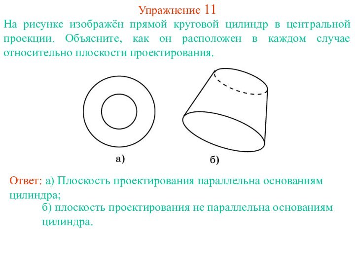 Упражнение 11На рисунке изображён прямой круговой цилиндр в центральной проекции. Объясните, как