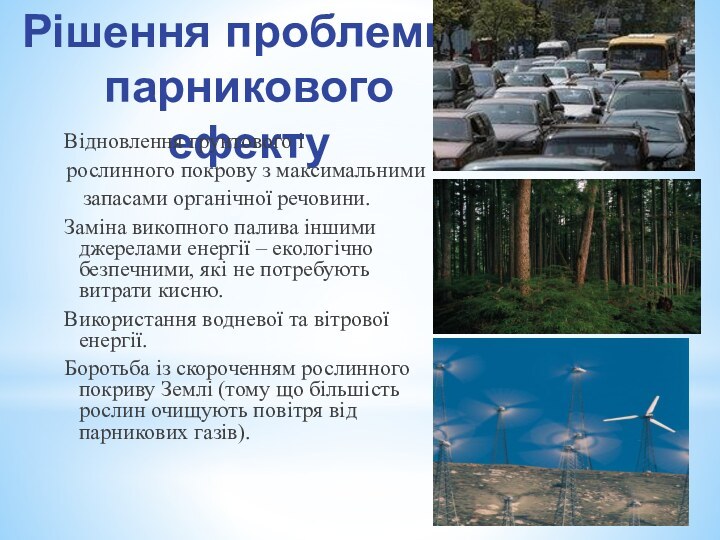 Рішення проблеми парникового ефектуВідновлення грунтового і рослинного покрову з максимальними