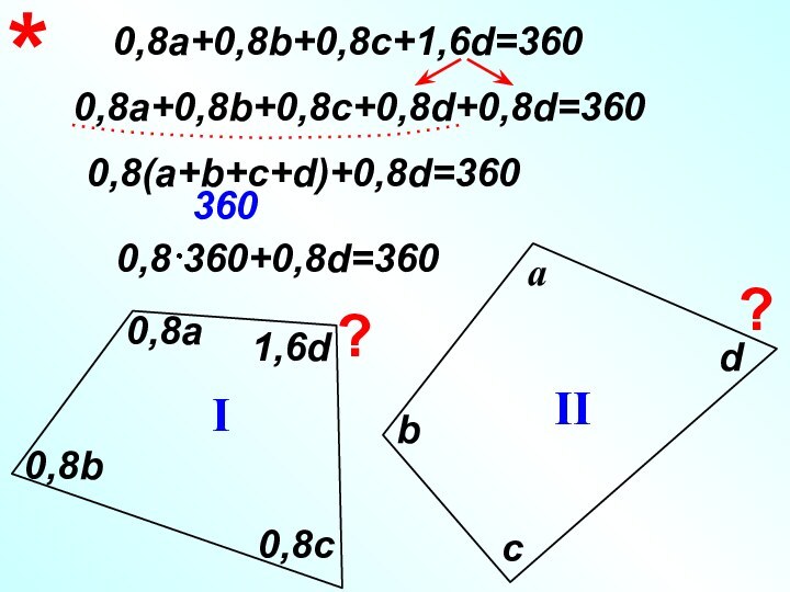 *bIIIа0,8а0,8bc0,8cd1,6d0,8а+0,8b+0,8c+1,6d=3600,8а+0,8b+0,8c+0,8d+0,8d=3600,8(а+b+c+d)+0,8d=360??360