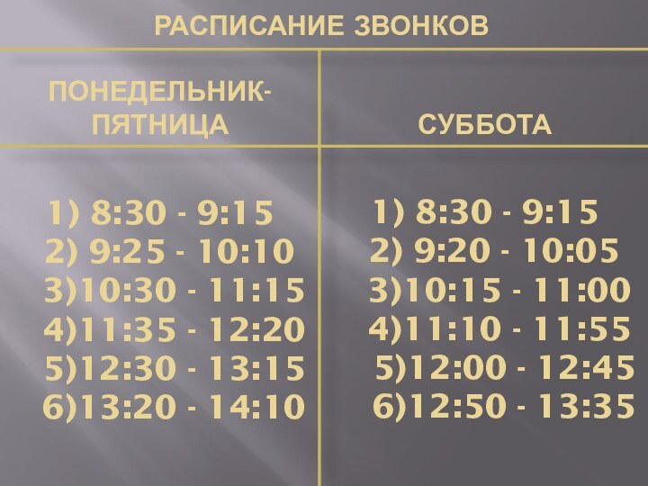 Понедельник-пятница  1) 8:30 - 9:15  2) 9:25 - 10:10