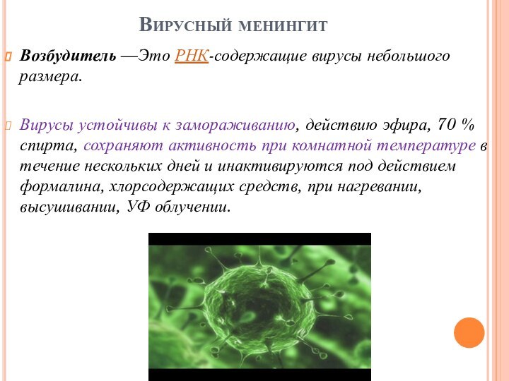 Вирусный менингит Возбудитель —Это РНК-содержащие вирусы небольшого размера. Вирусы устойчивы к замораживанию, действию