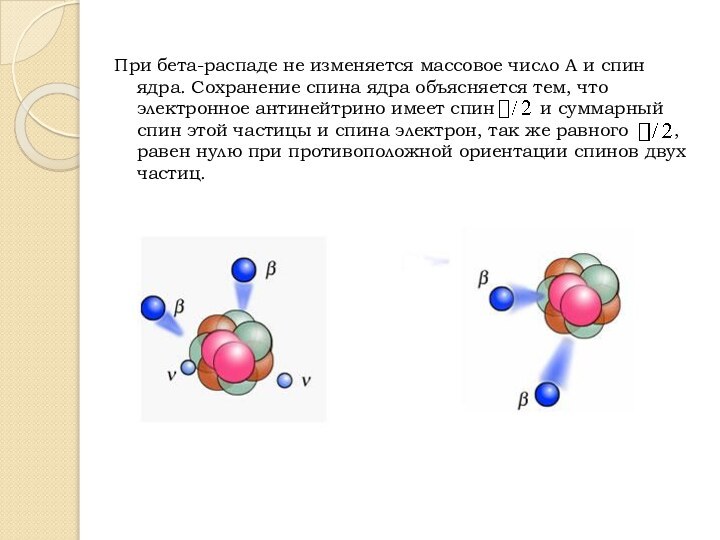 При бета-распаде не изменяется массовое число A и спин ядра. Сохранение спина