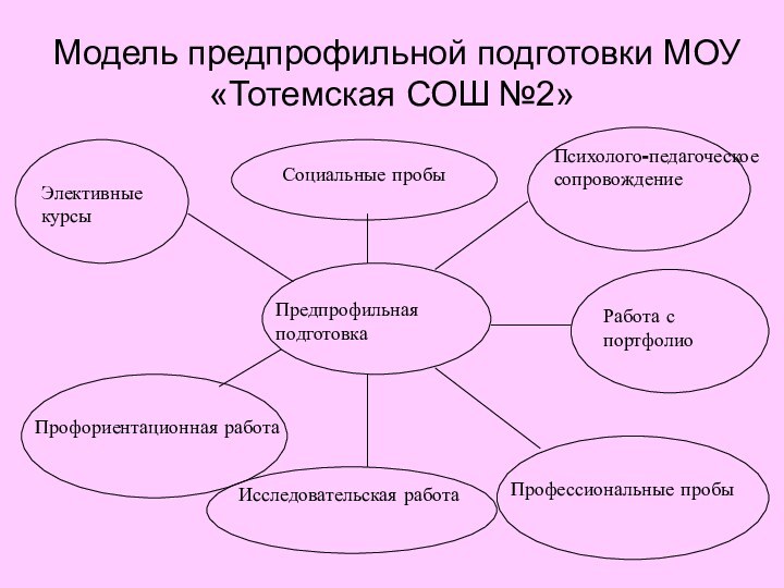 Модель предпрофильной подготовки МОУ «Тотемская СОШ №2»Предпрофильная подготовкаЭлективные курсыПрофориентационная работаПсихолого-педагоческое сопровождениеРабота с портфолиоПрофессиональные пробыИсследовательская работаСоциальные пробы