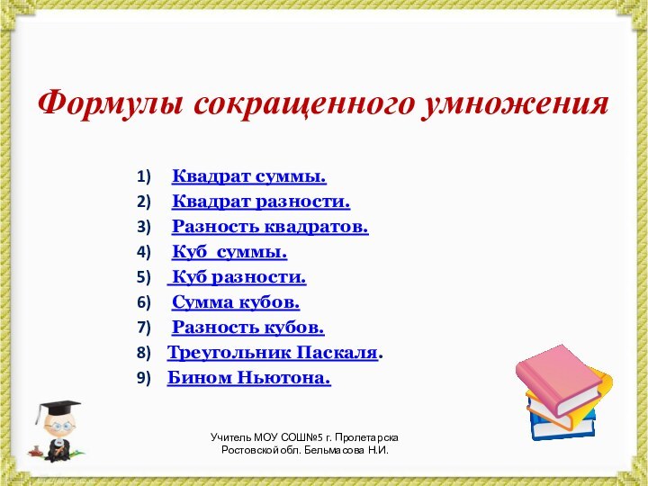 Квадрат суммы. Квадрат разности. Разность квадратов. Куб суммы. Куб разности. Сумма