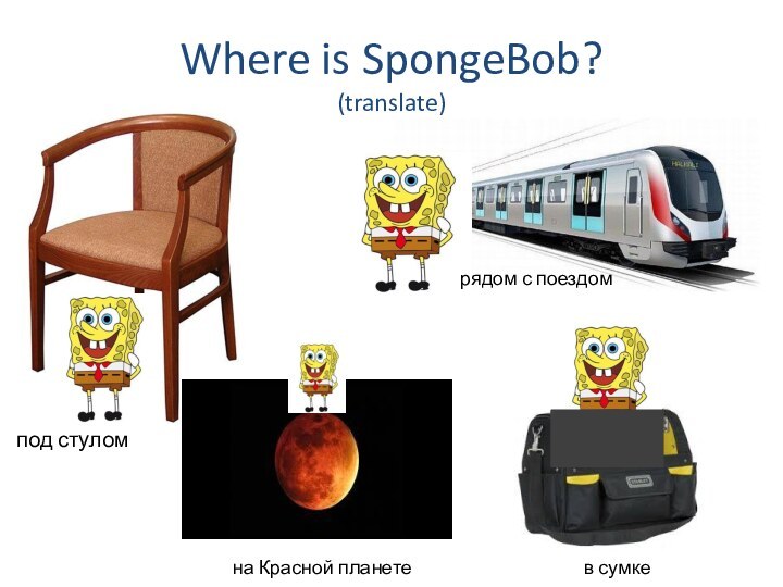 Where is SpongeBob? (translate)под стуломрядом с поездомна Красной планете в сумке