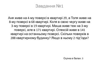 Аня живе на 4-му поверсі в квартирі 29, а Толя живе на 8-му поверсі в 68 квартирі. Коля в свою чергуживе на 3-му поверсі в 19 квартирі. Маша живетеж на 3-му поверсі, але в 171 квартирі. Олексійживе в 141 квартирі на останньомуповерсі. Скількиповерхів в 28