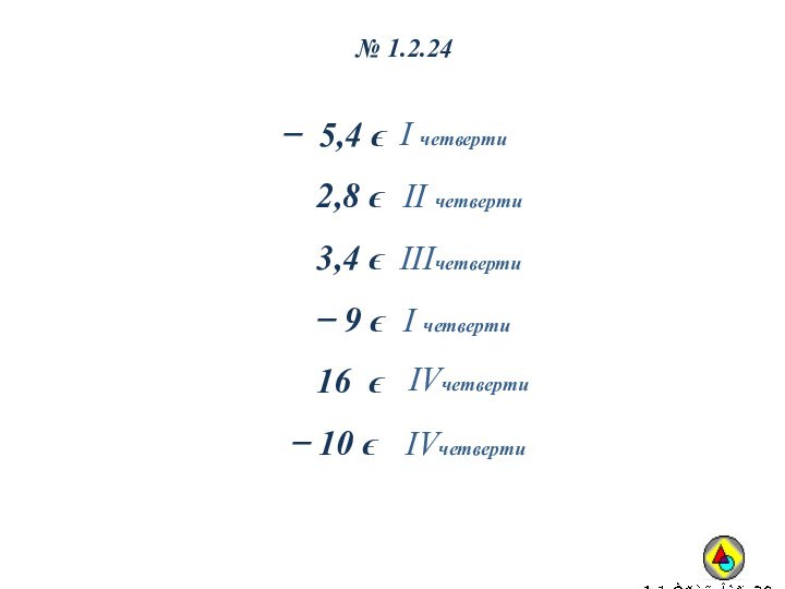 ̶  5,4 ϵIIIчетверти IVчетверти№ 1.2.242,8 ϵ3,4 ϵ̶ 9 ϵ16 ϵ̶ 10