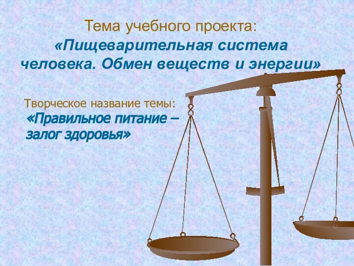 Тема учебного проекта: «Пищеварительная система человека. Обмен веществ и энергии»  Творческое