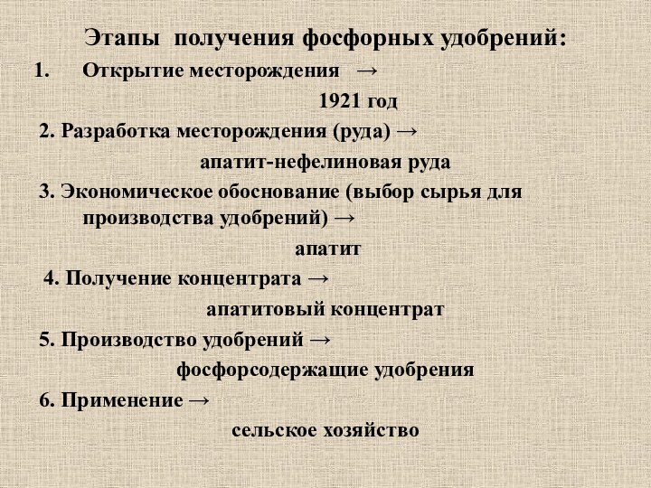 Этапы получения фосфорных удобрений:Открытие месторождения  →