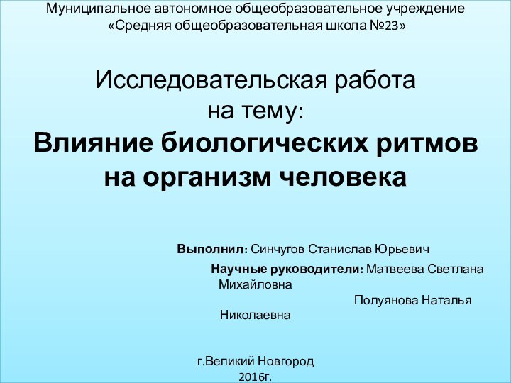 Муниципальное автономное общеобразовательное учреждение  «Средняя общеобразовательная школа №23»   Исследовательская