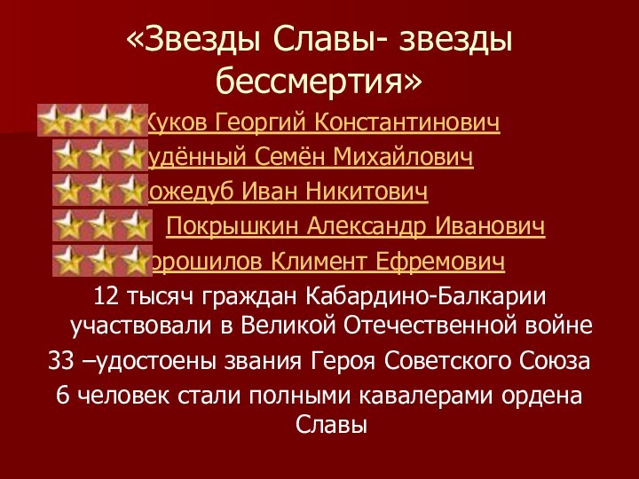 «Звезды Славы- звезды бессмертия»			Жуков Георгий Константинович			Будённый Семён Михайлович			Кожедуб Иван Никитович			Покрышкин Александр Иванович			Ворошилов Климент Ефремович12 тысяч граждан Кабардино-Балкарии