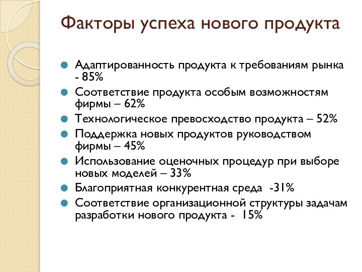 Факторы успеха нового продукта Адаптированность продукта к требованиям рынка - 85%Соответствие продукта