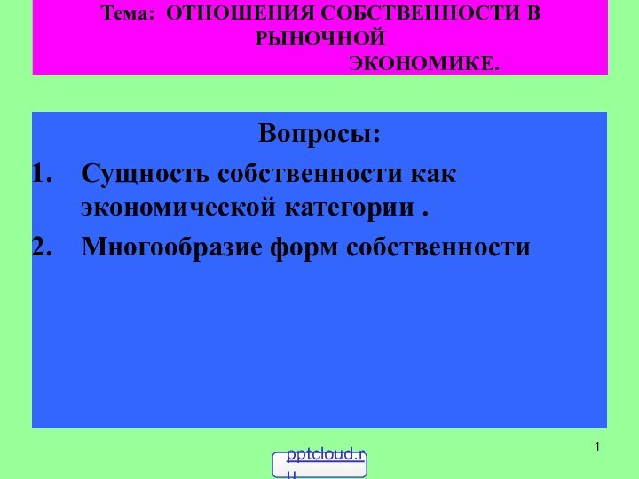 Тема: ОТНОШЕНИЯ СОБСТВЕННОСТИ В РЫНОЧНОЙ