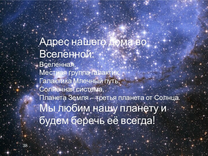 Адрес нашего дома во Вселенной:Вселенная,Местная группа галактик,Галактика Млечный путь,Солнечная система,Планета Земля –