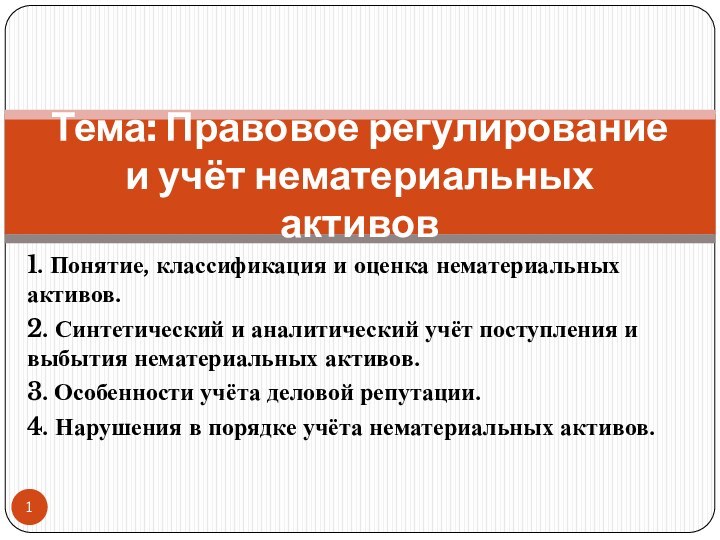 1. Понятие, классификация и оценка нематериальных активов.2. Синтетический и аналитический учёт поступления