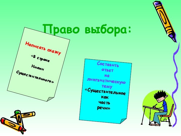 Право выбора:Составить ответ на лингвистическую тему «Существительноекакчасть речи»Написать сказку«В стране ИмениСуществительного»