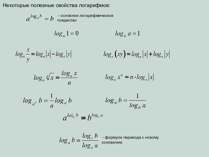 Некоторые полезные свойства логарифмов: - основное логарифмическое тождество   - формула перехода к новому основанию