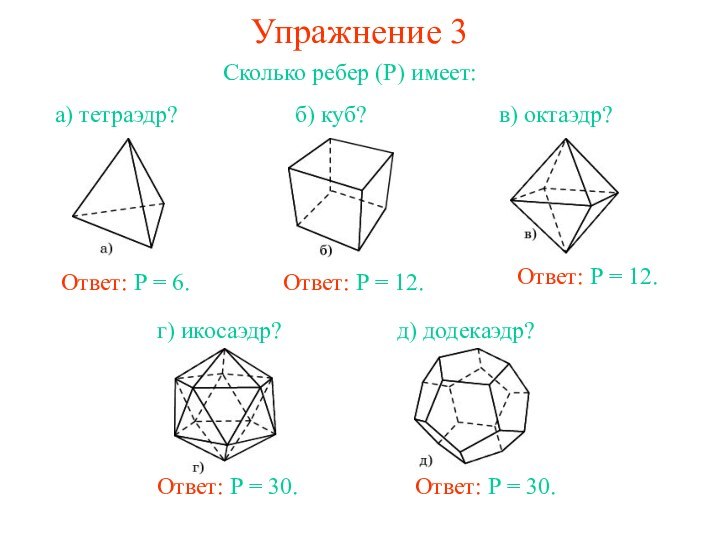 Упражнение 3Сколько ребер (Р) имеет:Ответ: Р = 12.Ответ: Р = 12.Ответ: Р