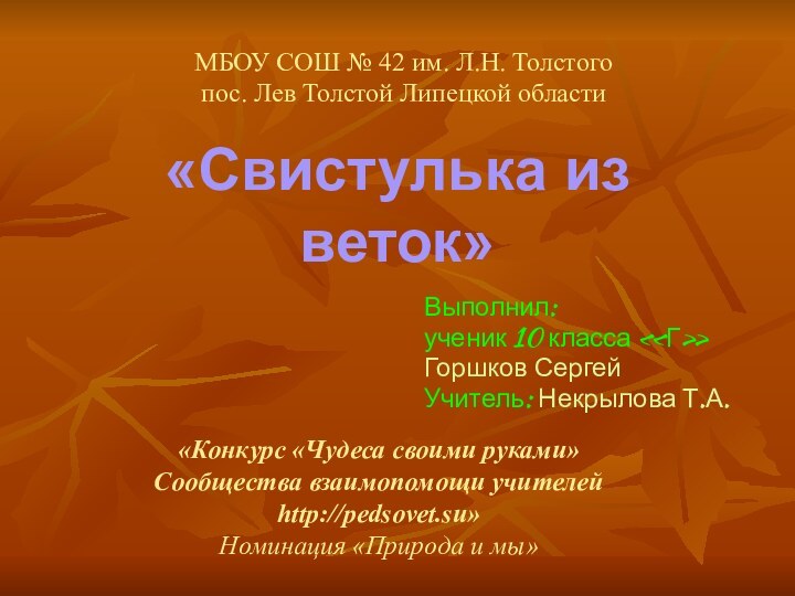 «Свистулька из веток»Выполнил: ученик 10 класса «Г»Горшков СергейУчитель: Некрылова Т.А.МБОУ СОШ №