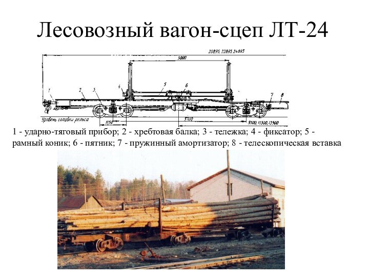 Лесовозный вагон-сцеп ЛТ-241 - ударно-тяговый прибор; 2 - хребтовая балка; 3 -