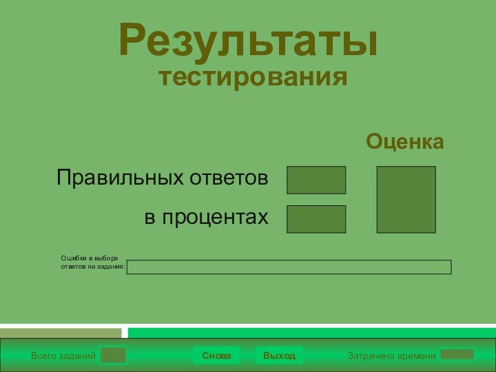 Всего заданийЗатрачено времениСноваВыходПравильных ответовв процентахОценкаРезультаты  тестированияПодождите!Идет обработка данныхОшибки в выборе ответов на задания: