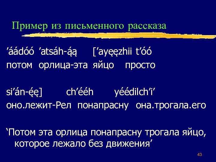 Пример из письменного рассказа’áádóó	’atsáh-ą́ą		[’ayęęzhii	t’óó	потом	орлица-эта	яйцо		простоsi’án-ę́ę]		 ch’ééh		yéédilch’i’оно.лежит-Рел понапрасну	она.трогала.его‘Потом эта орлица понапрасну трогала яйцо, которое лежало без движения’