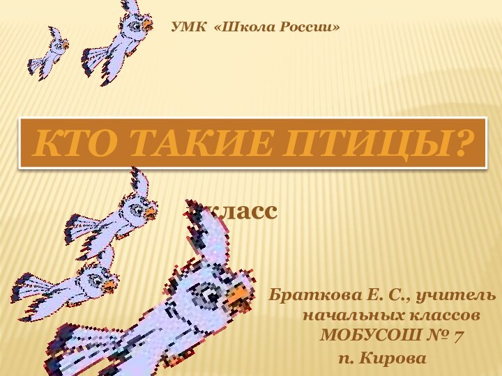 УМК «Школа России»1 классБраткова Е. С., учитель начальных классов МОБУСОШ № 7 п. КироваКто такие птицы?