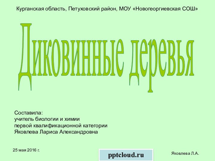 Яковлева Л.А.Курганская область, Петуховский район, МОУ «Новогеоргиевская СОШ»Диковинные деревьяСоставила:учитель биологии и химиипервой квалификационной категорииЯковлева Лариса Александровна