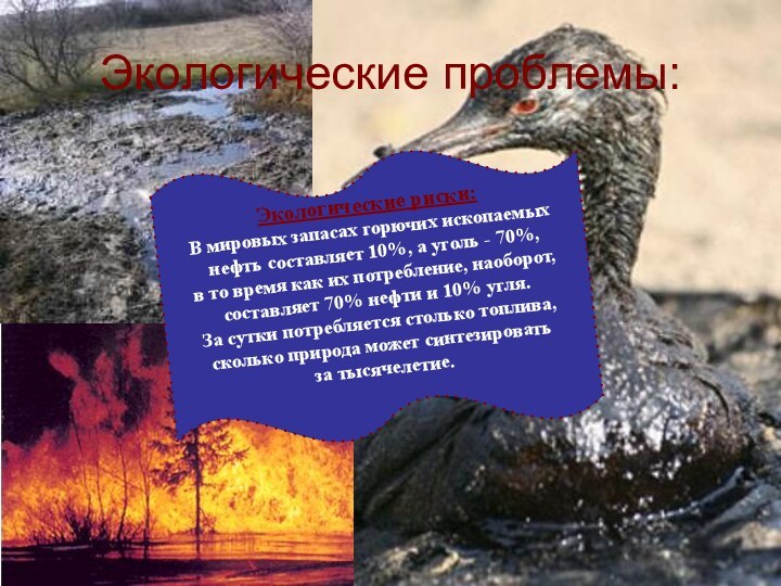 Экологические проблемы:Экологические риски:В мировых запасах горючих ископаемых нефть составляет 10%, а уголь