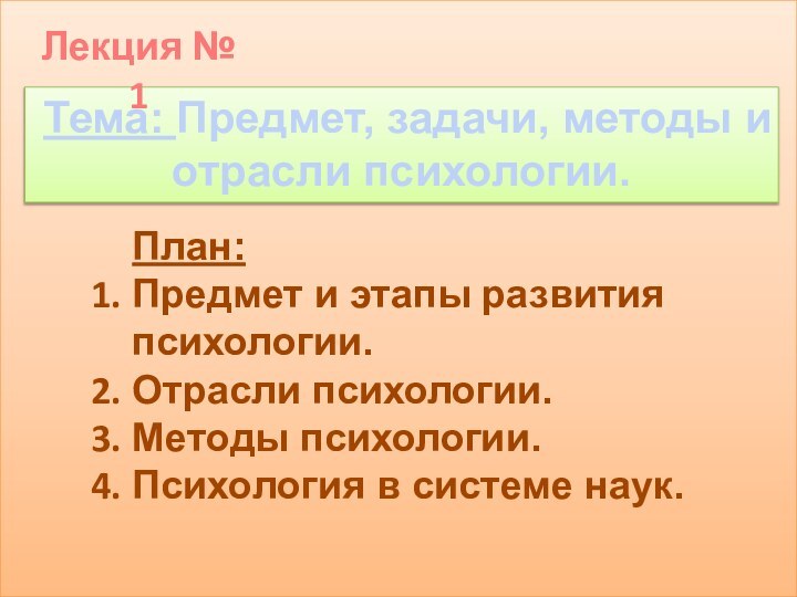 План: Предмет и этапы развития психологии.Отрасли психологии.Методы психологии. Психология в системе наук.Тема: