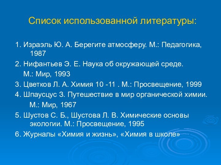 Список использованной литературы:1. Израэль Ю. А. Берегите атмосферу. М.: Педагогика, 19872. Нифантьев