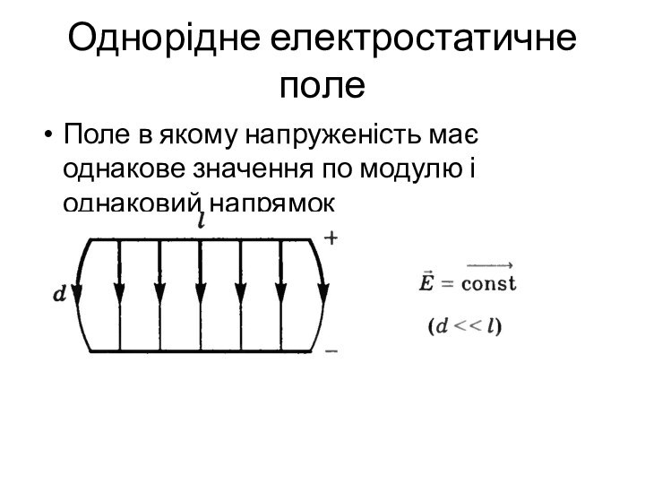 Однорідне електростатичне полеПоле в якому напруженість має однакове значення по модулю і однаковий напрямок