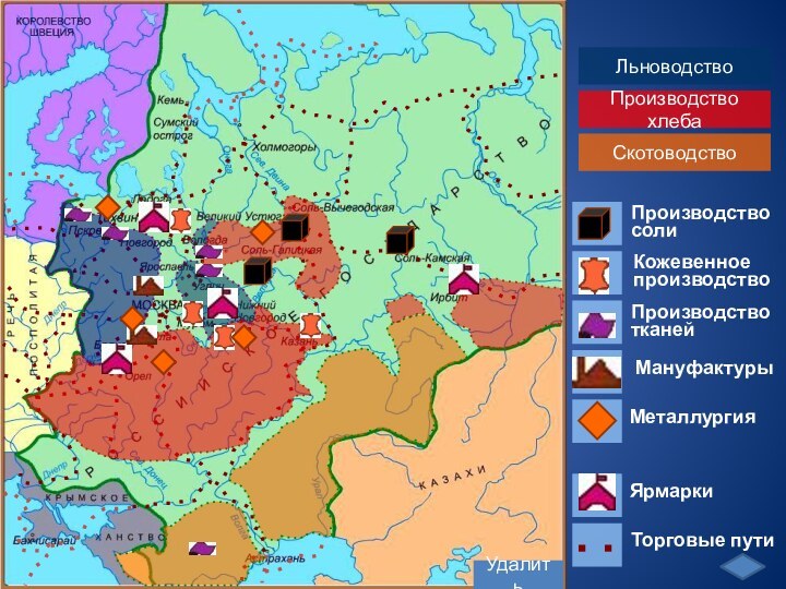 ЛьноводствоПроизводство хлебаСкотоводствоПроизводство солиЯрмаркиКожевенноепроизводство Производство тканейМануфактурыМеталлургияТорговые путиУдалить