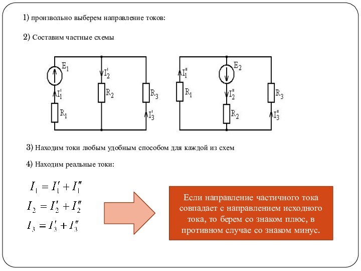 1) произвольно выберем направление токов:2) Составим частные схемы3) Находим токи любым удобным