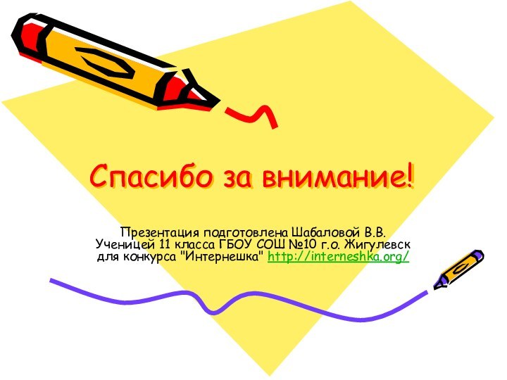 Спасибо за внимание!Презентация подготовлена Шабаловой В.В. Ученицей 11 класса ГБОУ СОШ №10