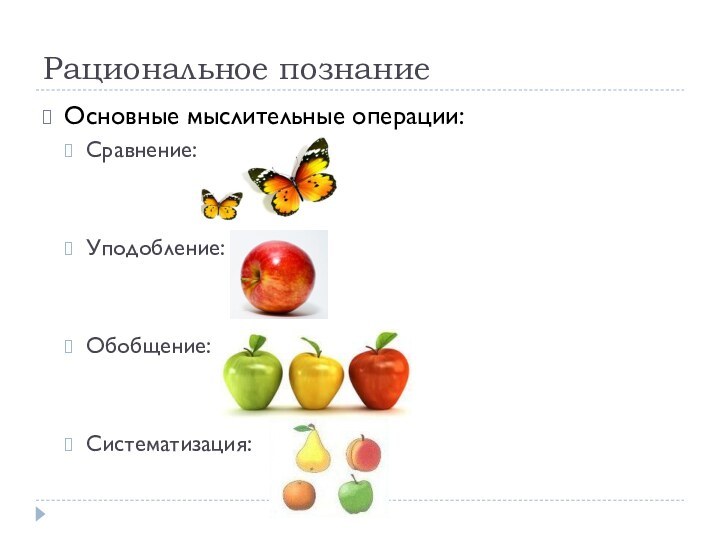 Рациональное познаниеОсновные мыслительные операции:Сравнение:Уподобление:Обобщение:Систематизация: