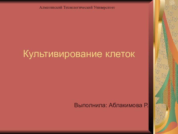 Культивирование клетокВыполнила: Аблакимова Р. Алматинский Технологический Университет