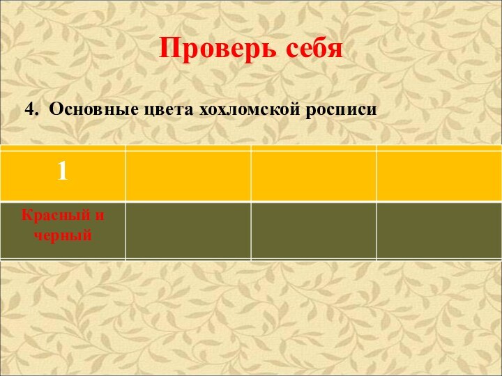 Проверь себя4. Основные цвета хохломской росписи