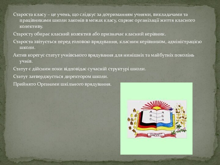 Староста класу – це учень, що слідкує за дотриманням учнями, викладачами та