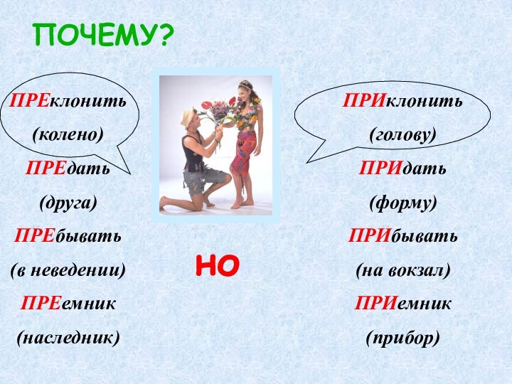 ПОЧЕМУ?ноПРЕклонить(колено)ПРЕдать(друга)ПРЕбывать(в неведении)ПРЕемник (наследник)ПРИклонить(голову)ПРИдать(форму)ПРИбывать(на вокзал)ПРИемник(прибор)