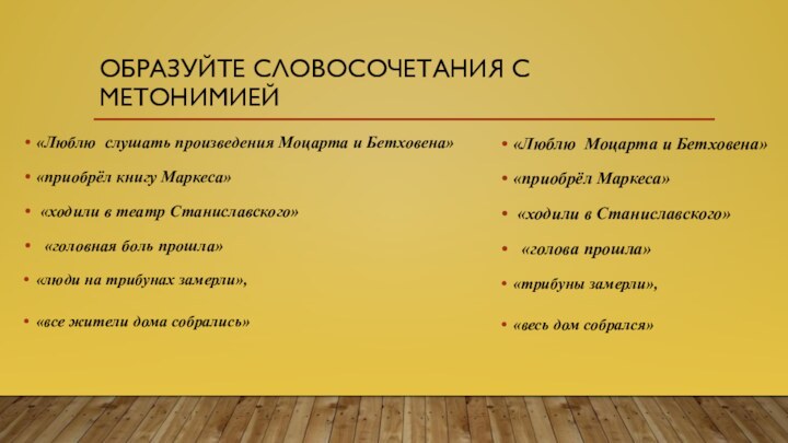 Образуйте словосочетания с метонимией«Люблю слушать произведения Моцарта и Бетховена»«приобрёл книгу Маркеса» «ходили