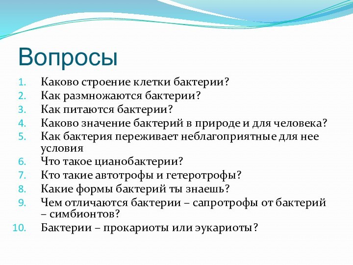 Вопросы Каково строение клетки бактерии?Как размножаются бактерии?Как питаются бактерии?Каково значение бактерий в