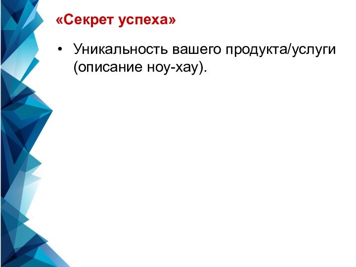 «Секрет успеха»Уникальность вашего продукта/услуги (описание ноу-хау).