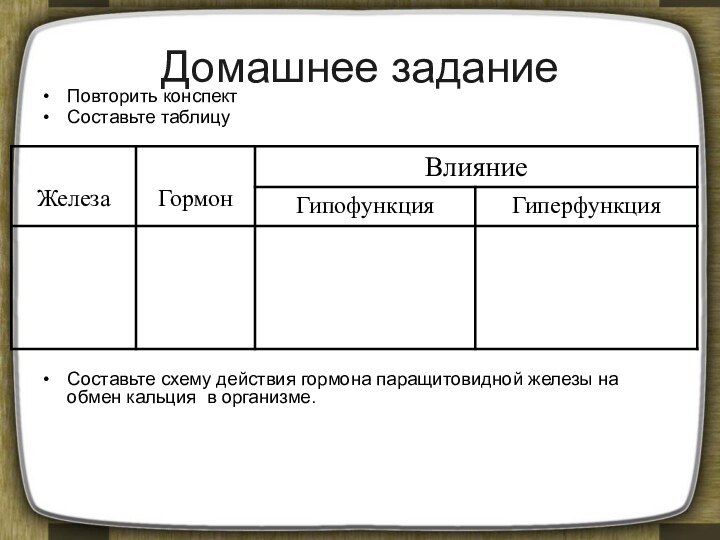 Домашнее заданиеПовторить конспектСоставьте таблицуСоставьте схему действия гормона паращитовидной железы на обмен кальция в организме.