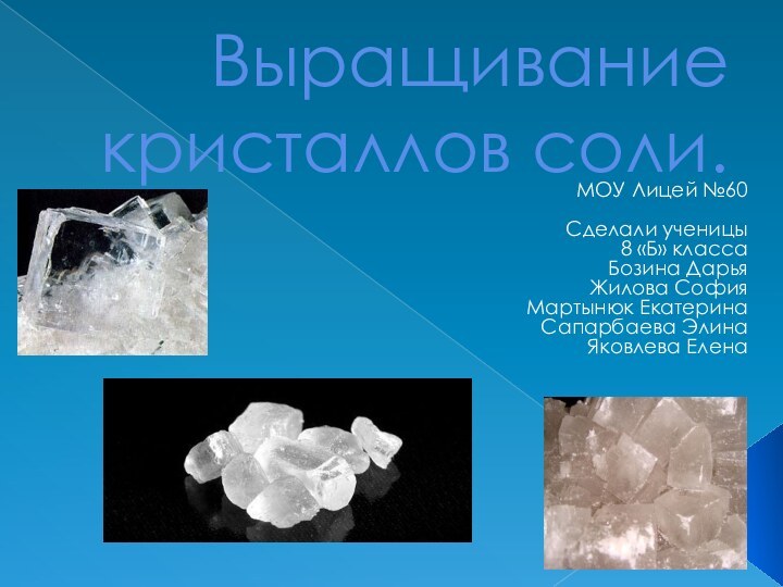 Выращивание кристаллов соли.МОУ Лицей №60 Сделали ученицы 8 «Б» классаБозина ДарьяЖилова София Мартынюк